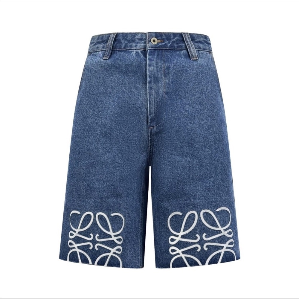 Blue Denim Shorts with White Embroidery